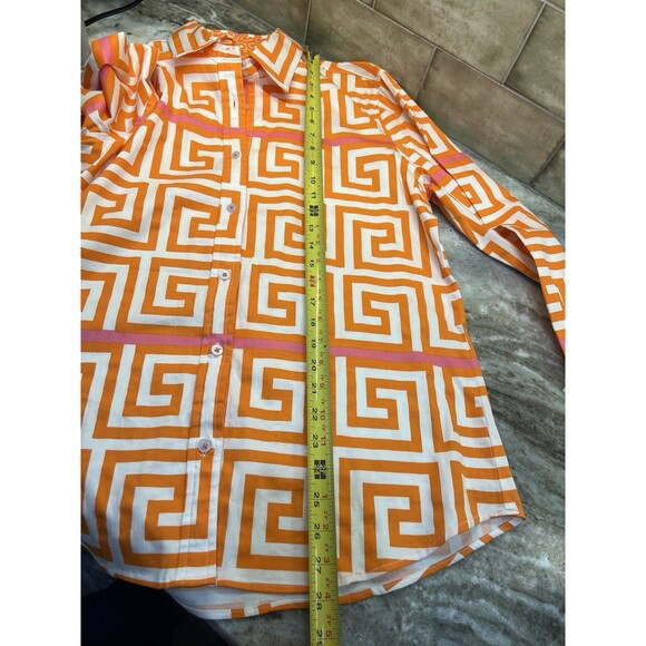 Tizzie Shirt Women L Orange Pink Geometric Print Button Down Long Sleeve Stretch - Picture 9 of 9